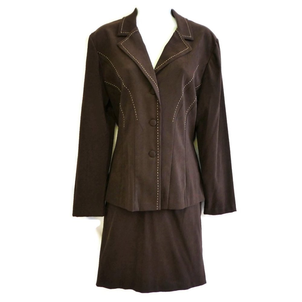 Western Brown Suit Skirt Set Dressbarn Suede Princess Big Stitch Stretch M - Picture 2 of 13